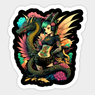 Retro Tattoo Cute Dragon Girl Sticker